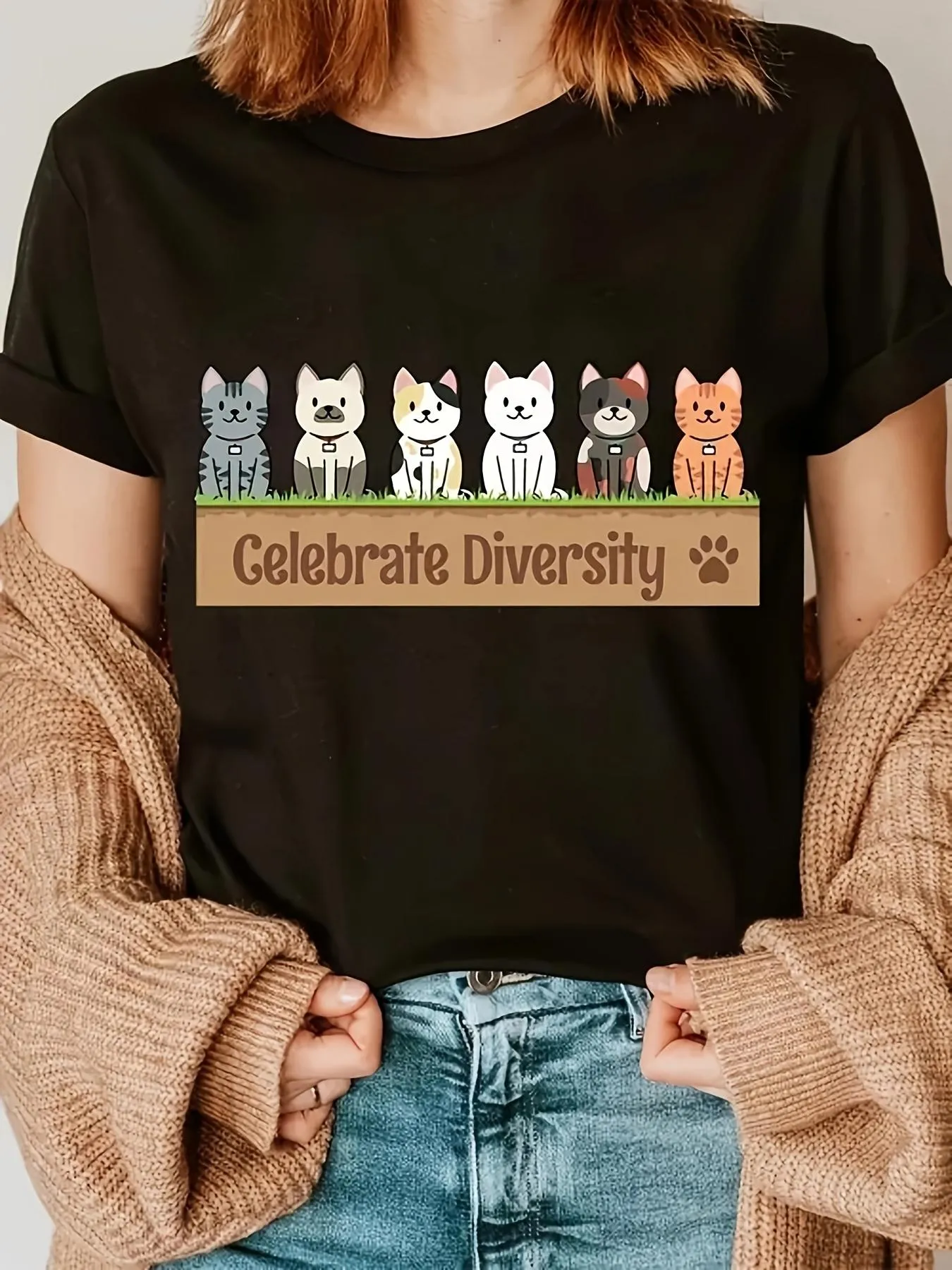 Tailorly Women's Printed Tee - Celebrate Diversity Playful Cats Sitting Calmly Together Cat sold by Tailorly