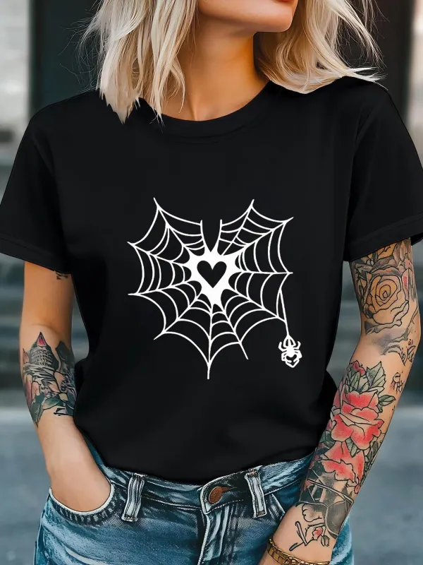 Tailorly Women's Printed Tee - Heart Shaped Web With Hanging Cute Cartoon Spider made by Tailorly