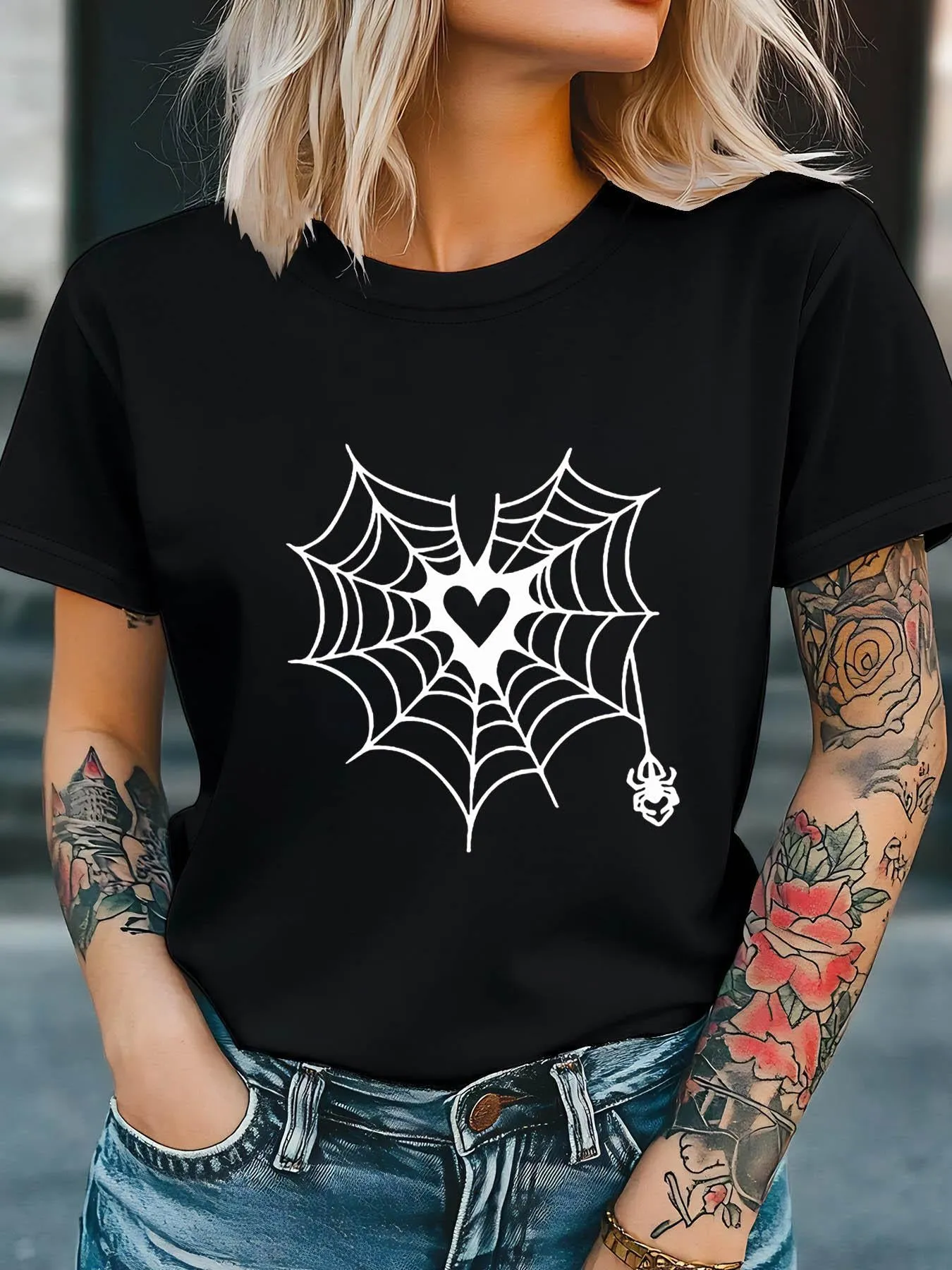 Tailorly Women's Printed Tee - Heart Shaped Web With Hanging Cute Cartoon Spider sold by Tailorly