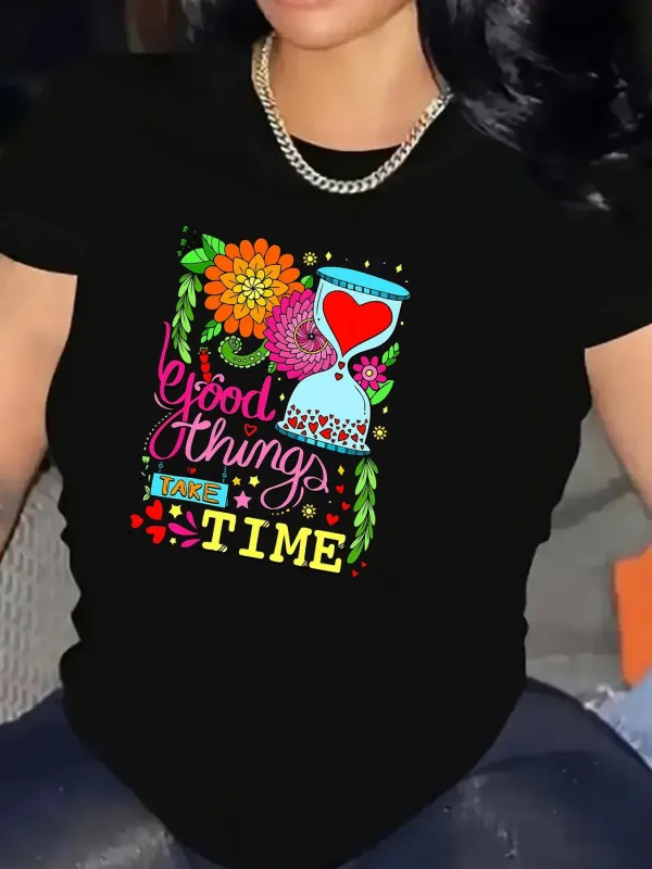 Tailorly Women's Printed Tee - Good Things Colorful Flowers With Vibrant Hourglass Surrounded By Patterns Time made by Tailorly