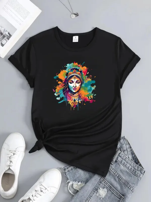 Tailorly Women's Printed Tee - Colorful Abstract Paint With Artistic Woman Portrait Face made by Tailorly