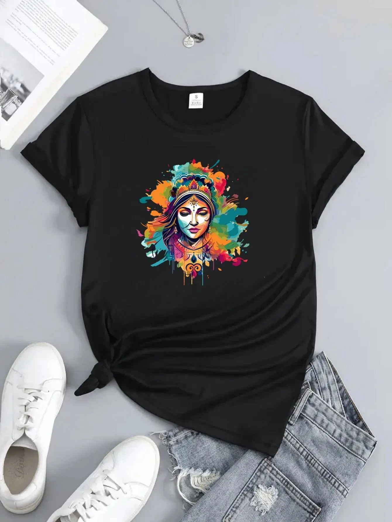 Tailorly Women's Printed Tee - Colorful Abstract Paint With Artistic Woman Portrait Face sold by Tailorly