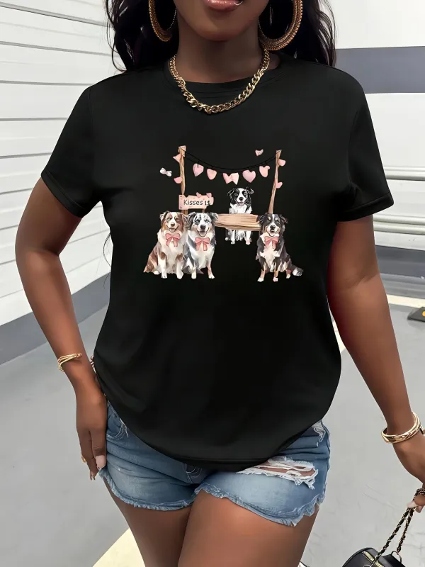 Tailorly Women's Printed Tee - Playful Dogs On Wooden Swing Surrounded By Hanging Hearts And Sweet Companions made by Tailorly