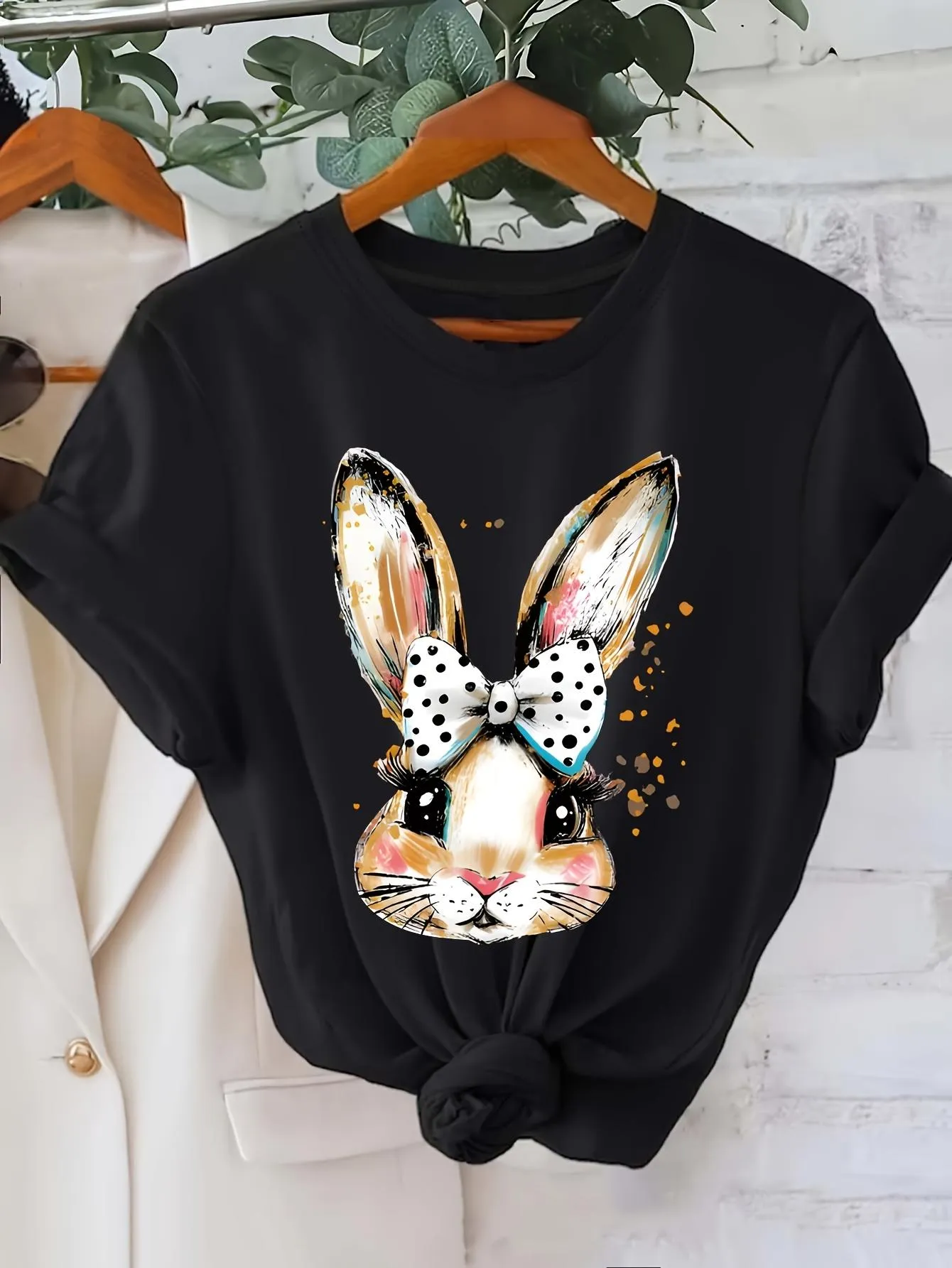 Tailorly Women's Printed Tee - Playful Watercolor Dots And Polka Bow Rabbit sold by Tailorly
