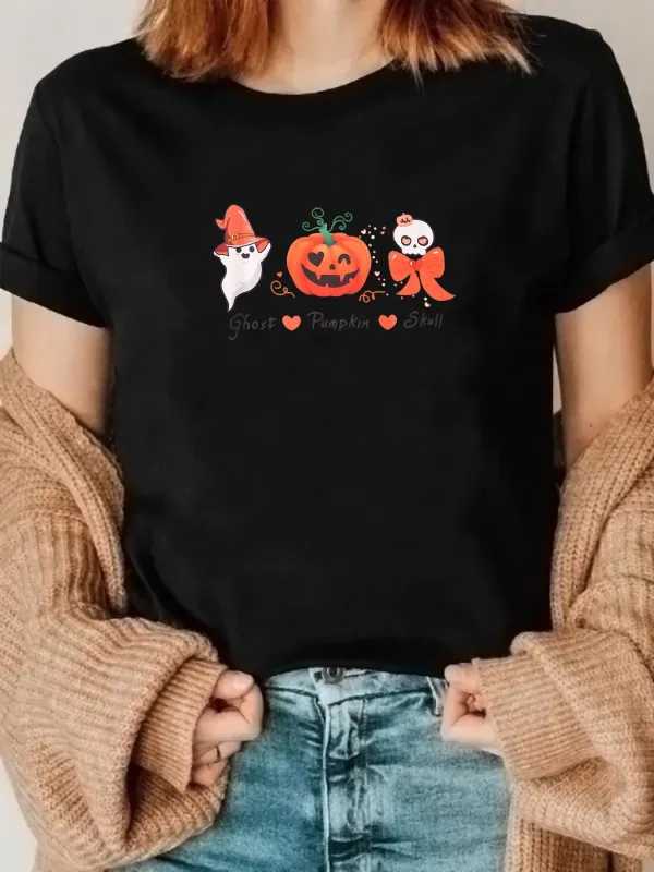 Tailorly Women's Printed Tee - Spooky Ghost Pumpkin With Playful Halloween Faces Pumpkin made by Tailorly