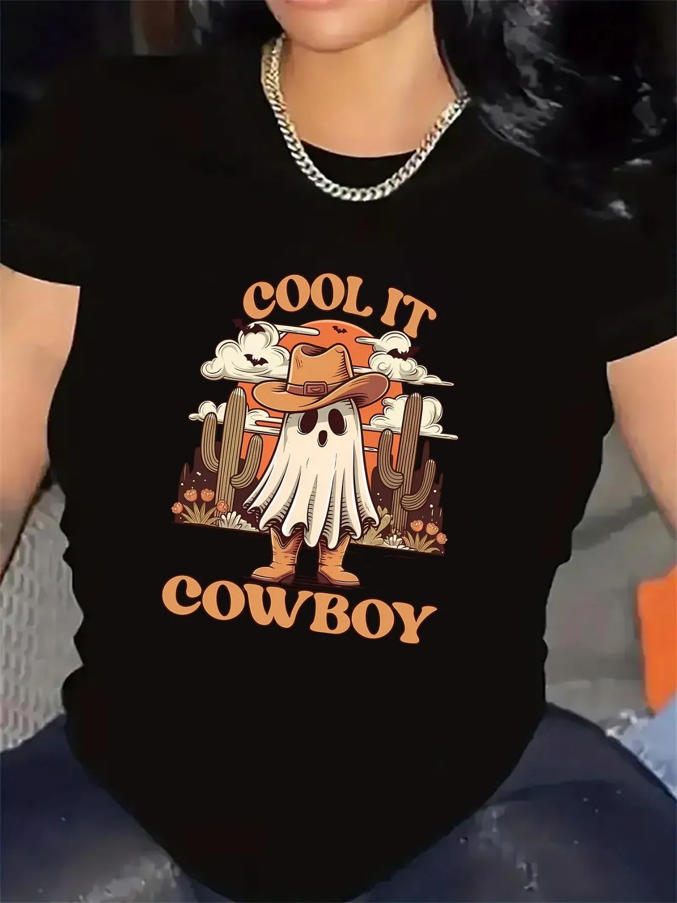 Tailorly Women's Printed Tee - Cool It Cowboy Desert Landscape With Cacti Ghost Wearing Cowboy Hat sold by Tailorly