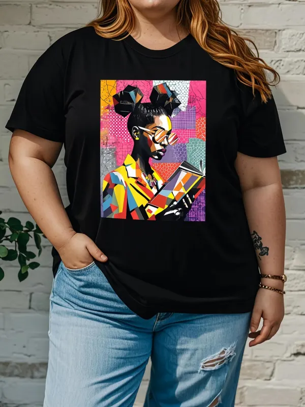 Tailorly Women's Printed Tee - Vibrant Pop Art Style With Colorful Geometric Overlays Portrait Woman made by Tailorly