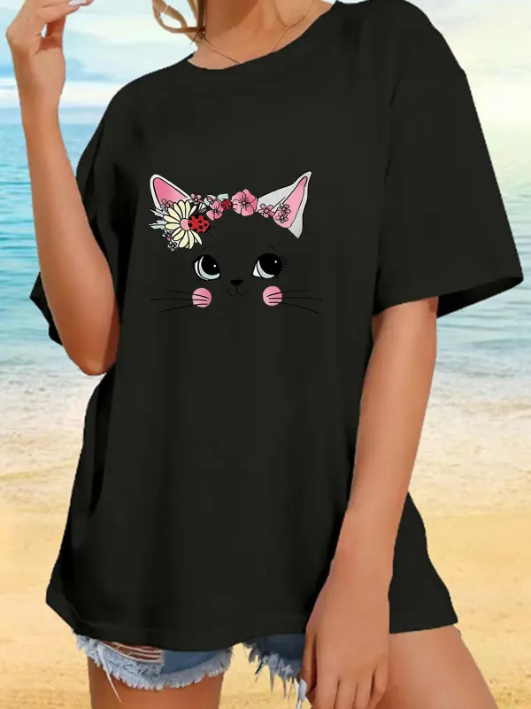 Tailorly Women's Printed Tee - Floral Accents With Playful Pink Cheeks Adorable Cat Face made by Tailorly