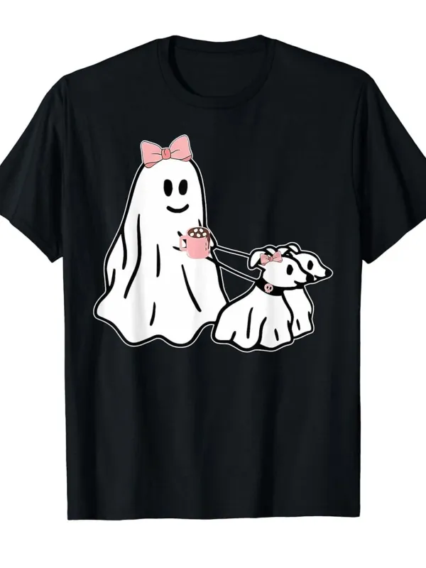 Tailorly Women's Printed Tee - Cute Little Ghost With Pink Bow Holding Puppy On Leash Ghost made by Tailorly