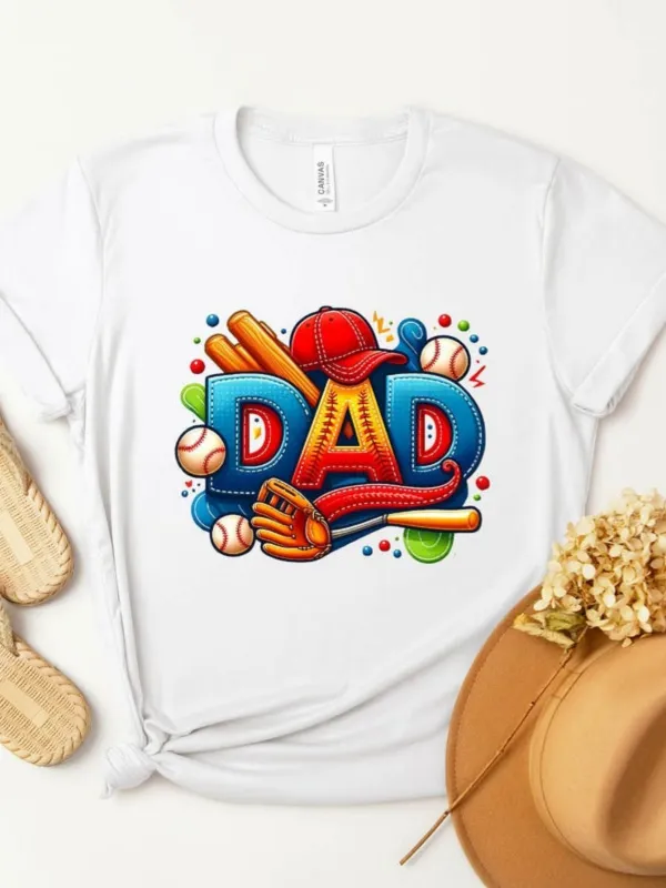 Tailorly Women's Printed Tee - Colorful Baseball Elements Surrounding Bold Lettering Dad made by Tailorly