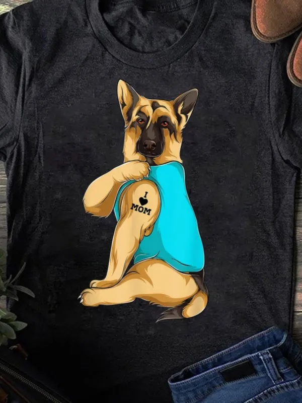 Tailorly Women's Printed Tee - I Love Mom Playful German Shepherd Dog Wearing Blue Shirt made by Tailorly