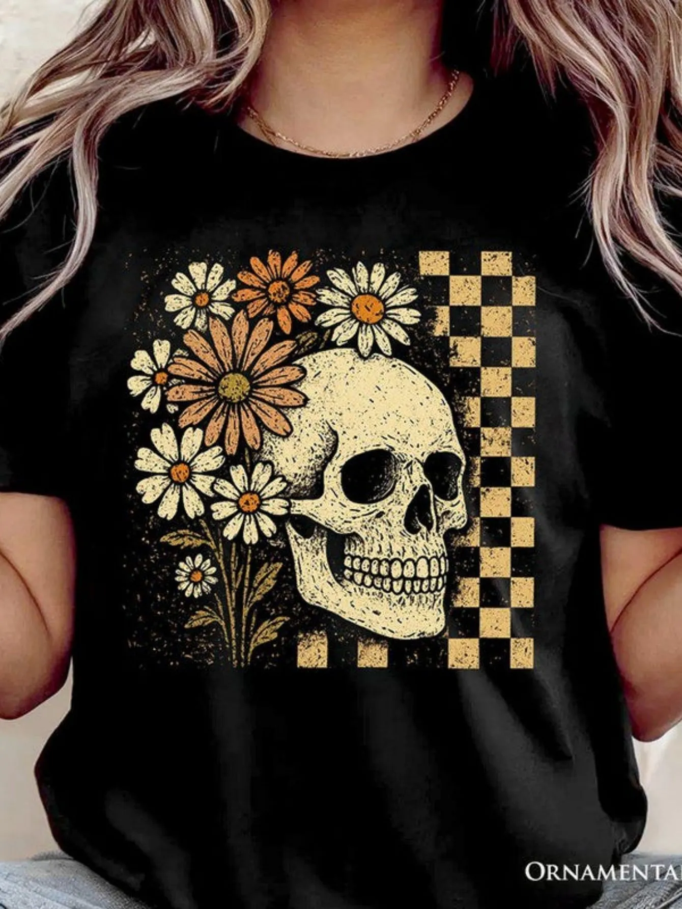 Tailorly Women's Printed Tee - Vintage Wildflowers And Checkered Pattern Featuring A Human Skull sold by Tailorly