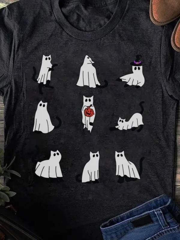 Tailorly Women's Printed Tee - Cute Ghost Cats With Pumpkin And Witch Hat Black Cat made by Tailorly