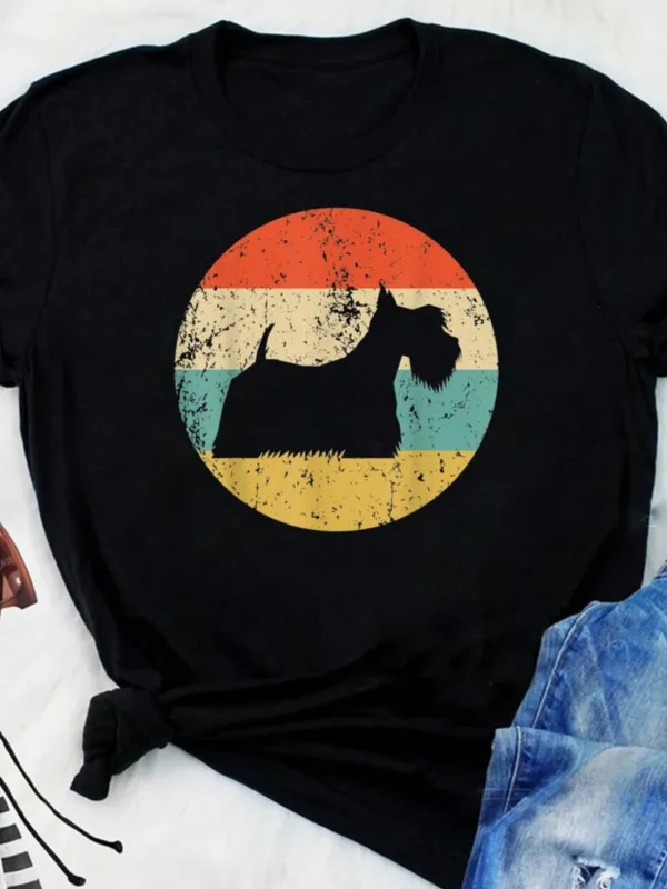 Tailorly Women's Printed Tee - Retro Colored Stripes With Dog Silhouette In Vintage Circle made by Tailorly