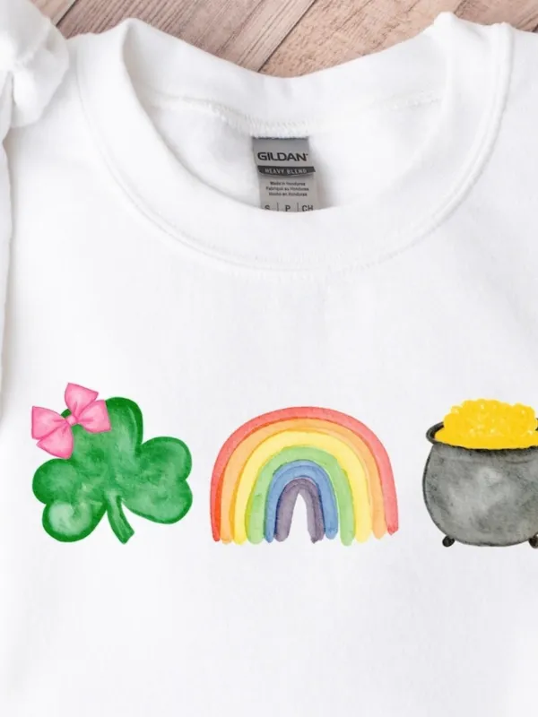 Tailorly Women's Printed Tee - Pink Bowed Shamrock Rainbow And Golden Pot Illustration made by Tailorly