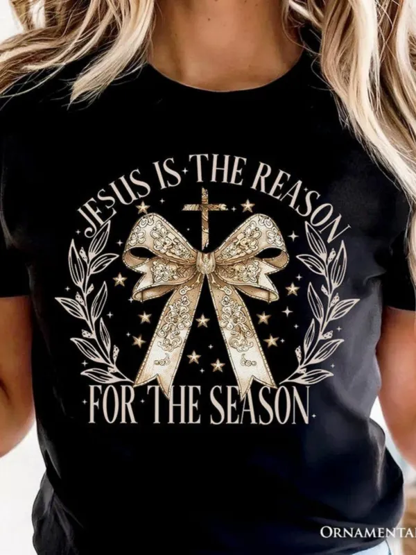 Tailorly Women's Printed Tee - Jesus Is The Reason Gold Stars Ribbon With Christmas Laurel Bow made by Tailorly