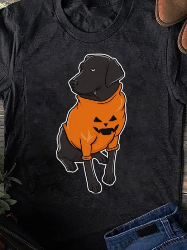 Tailorly Women's Printed Tee - Cute Dog Wearing Orange Pumpkin Sweatshirt Sitting Calmly Dog made by Tailorly