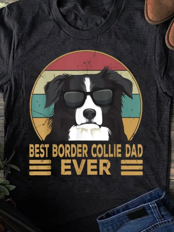 Tailorly Women's Printed Tee - Best Border Collie Dad Ever Retro Sun With Cool Sunglasses Wearing Border Collie Dog made by Tailorly