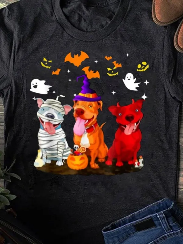 Tailorly Women's Printed Tee - Starry Night With Three Dogs In Halloween Costumes Surrounded By Ghosts And Bats made by Tailorly