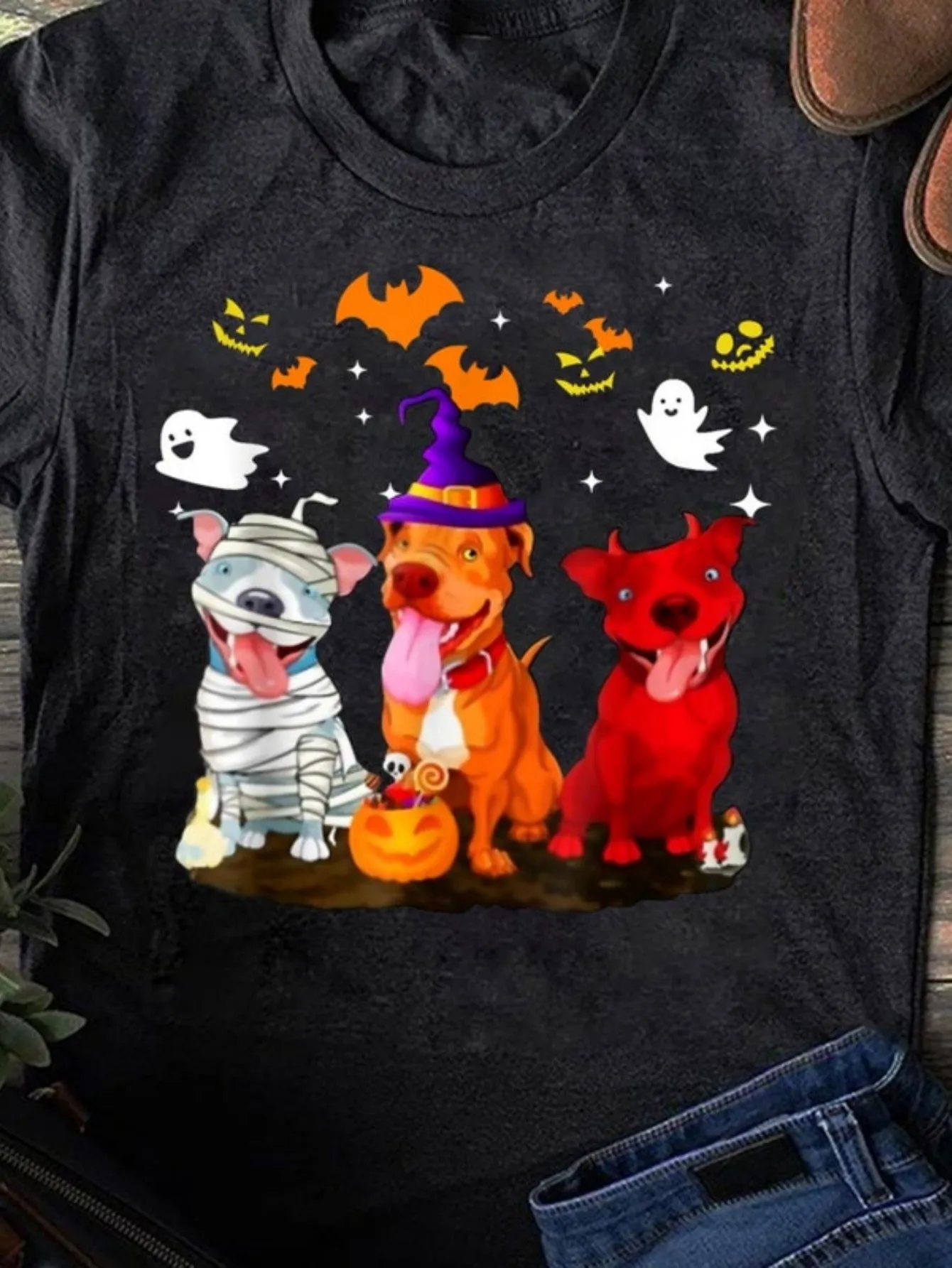 Tailorly Women's Printed Tee - Starry Night With Three Dogs In Halloween Costumes Surrounded By Ghosts And Bats sold by Tailorly