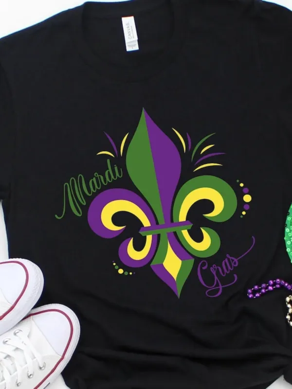 Tailorly Women's Printed Tee - Mardi Gras With Bright Colorful Confetti Swirls And Festive Fleur De Lis made by Tailorly