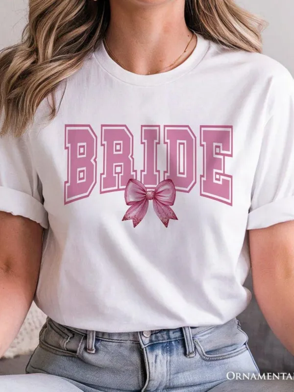 Tailorly Women's Printed Tee - Bride Pink Ribbon Bow With Block Letter Print Bride made by Tailorly