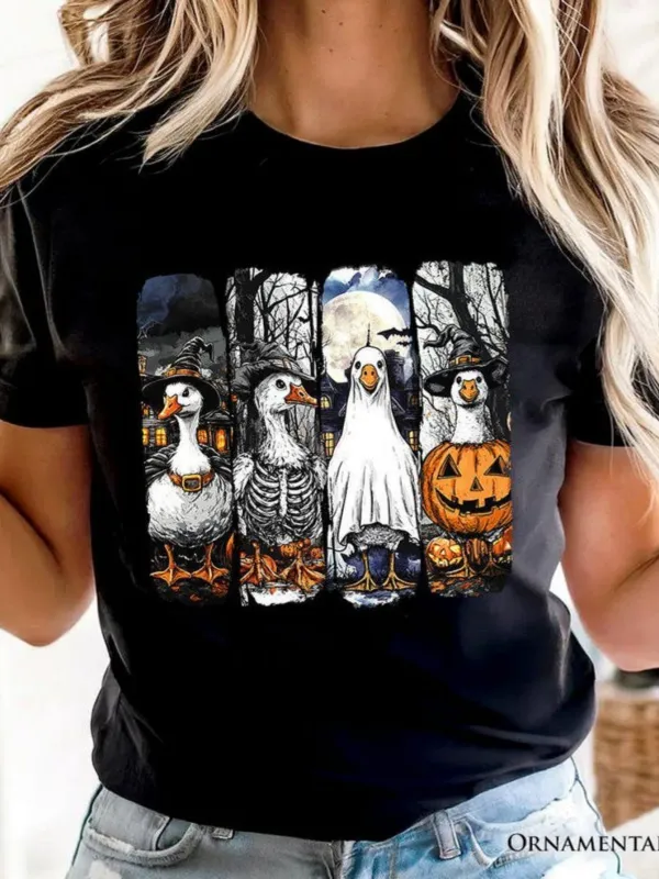 Tailorly Women's Printed Tee - Dark Forest With Halloween Pumpkins And Moonlit Geese Under Night Sky made by Tailorly