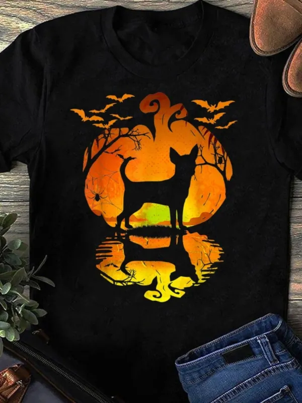 Tailorly Women's Printed Tee - Glowing Pumpkin Shadows With Reflected Trees Moon And Bats Dog made by Tailorly