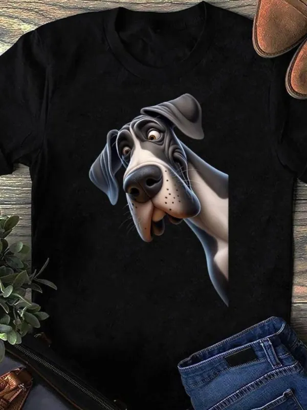 Tailorly Women's Printed Tee - Playful Cartoon Style Big Eyed Dog Under Gentle Light made by Tailorly