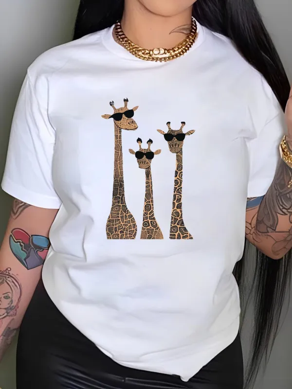 Tailorly Women's Printed Tee - Cool Giraffes Wearing Sunglasses Standing Side By Side Family made by Tailorly