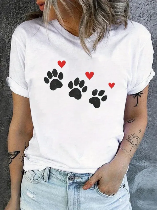 Tailorly Women's Printed Tee - Playful Hearts With Black Paw Prints Under Soft Red Love made by Tailorly