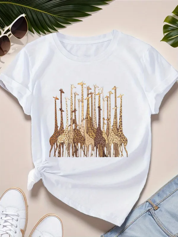 Tailorly Women's Printed Tee - Gentle Herd Of Giraffes Among Whispering Savannah Grasses Under Open Sunlight Giraffe made by Tailorly