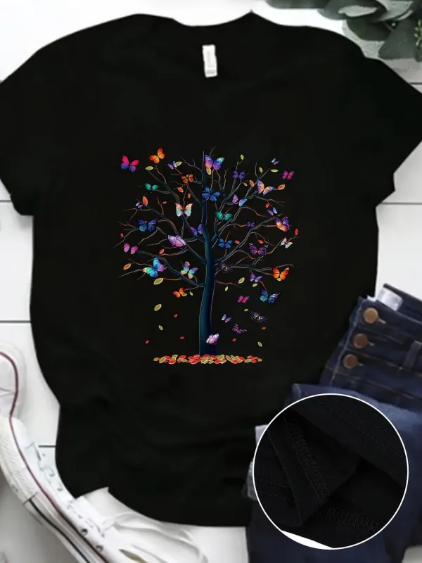 Tailorly Women's Printed Tee - Colorful Butterflies And Vivid Blossoms Flying Around Lively Tree made by Tailorly