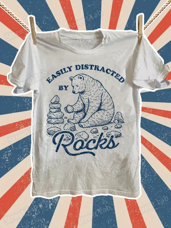 Tailorly Women's Printed Tee - Easily Distracted By Rocks Sitting Bear Surrounded By Stacked Stones And Pebbles made by Tailorly