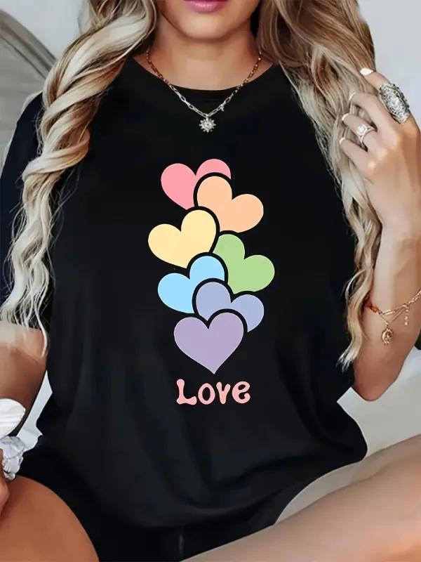 Tailorly Women's Printed Tee - Love Pastel Rainbow Hearts Stacked Softly Flowing Down Shirt made by Tailorly
