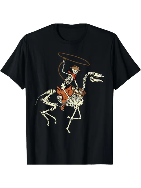 Tailorly Men's Printed Tee - Cowboy With Red Scarf Riding Skeletal Horse In Action Pose made by Tailorly