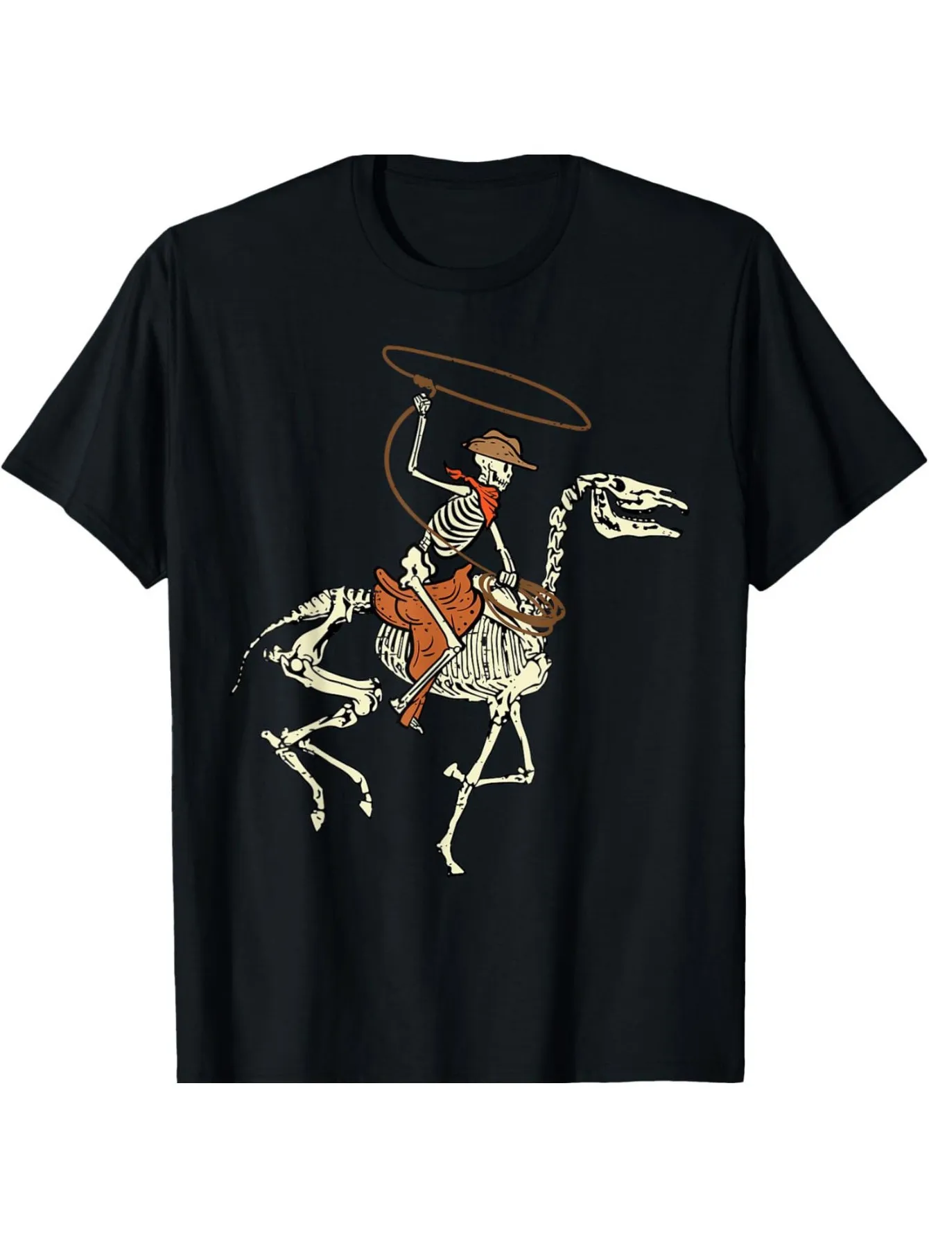 Tailorly Men's Printed Tee - Cowboy With Red Scarf Riding Skeletal Horse In Action Pose sold by Tailorly
