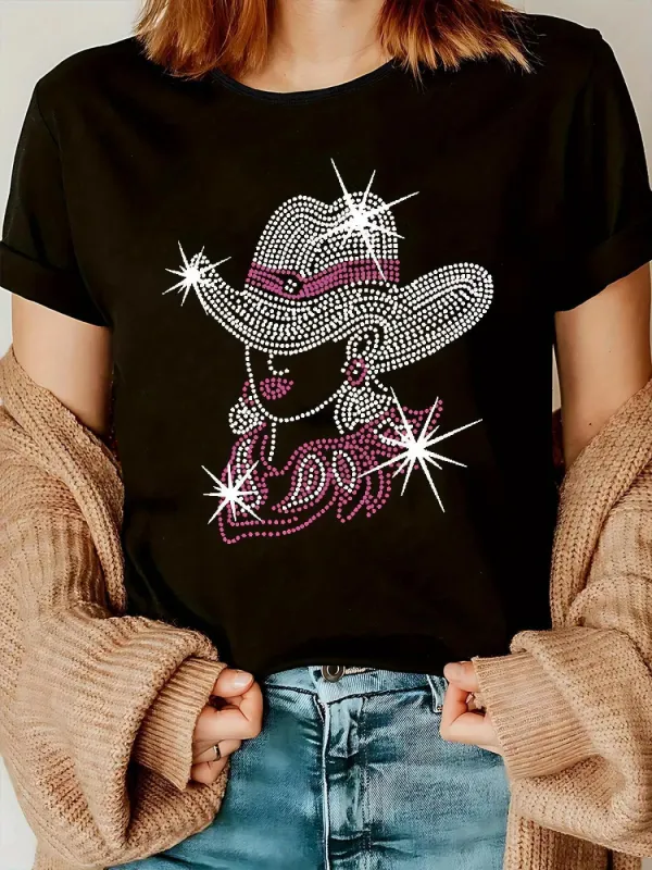 Tailorly Women's Printed Tee - Sparkling Rhinestone Accented Western Glamorous Cowgirl Graphic Woman made by Tailorly