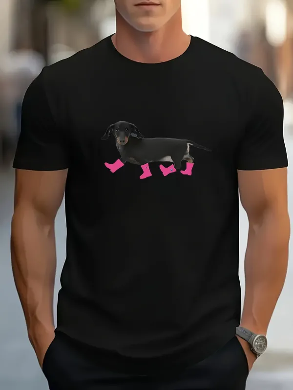Tailorly Men's Printed Tee - Charming Black Dachshund Wearing Four Bright Pink Boots Dog made by Tailorly