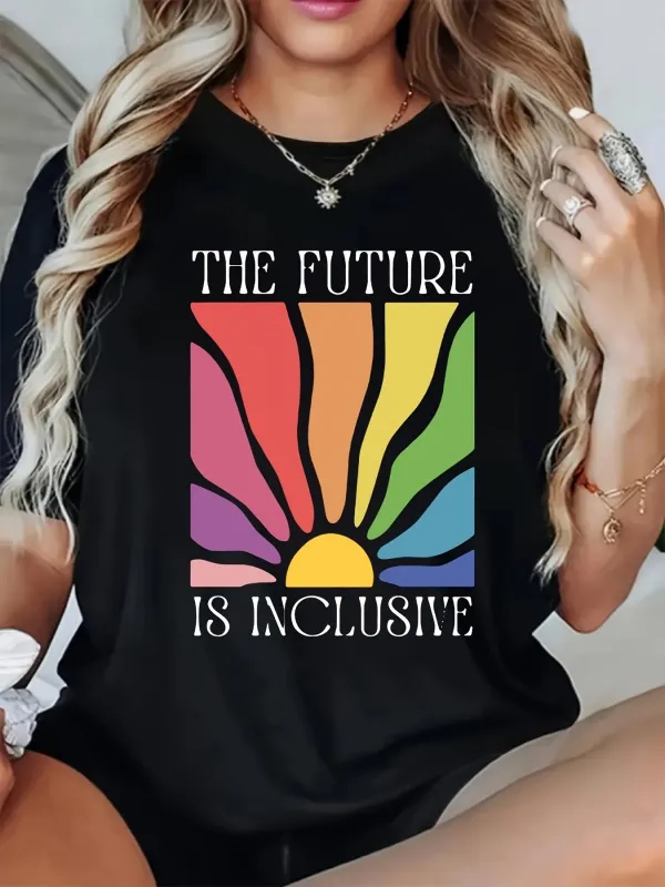 Tailorly Women's Printed Tee - The Future Is Inclusive Vibrant Rainbow Sunburst With Abstract Color Rays Sun made by Tailorly