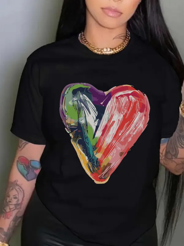 Tailorly Women's Printed Tee - Abstract Watercolor Brush Strokes In Rainbow Colors Heart made by Tailorly