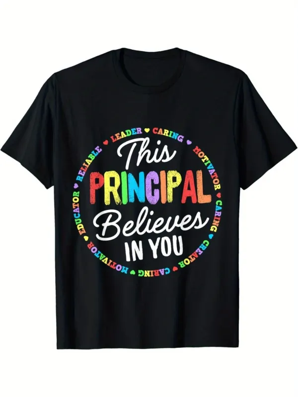 Tailorly Men's Printed Tee - This Principal Believes In You Surrounded By Rainbow Words And Playful Lettering Shirt made by Tailorly