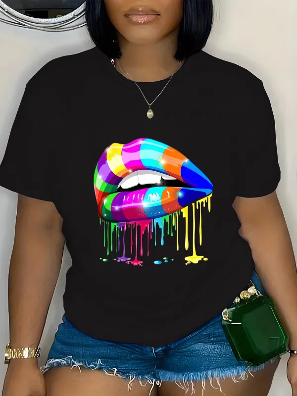 Tailorly Women's Printed Tee - Vibrant Rainbow Paint Dripping Abstract Lips Design made by Tailorly