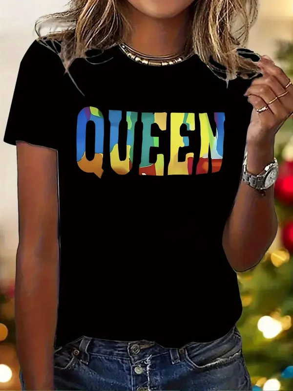 Tailorly Women's Printed Tee - Colorful Typography With Bold Letters In Rainbow Queen made by Tailorly