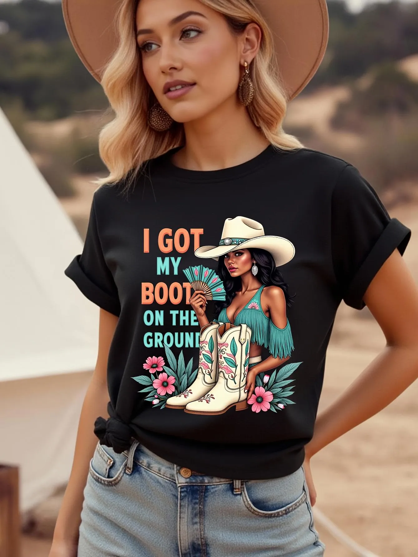 Tailorly Women's Printed Tee - I Got My Boots On The Ground With Cowgirl Hat Denim And Pink Flowers sold by Tailorly