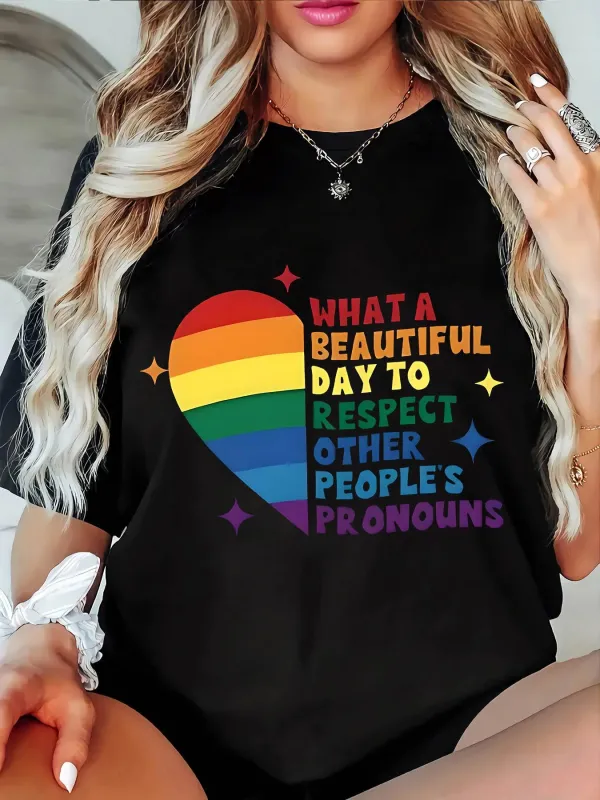 Tailorly Women's Printed Tee - What A Beautiful Day To Respect Other Peoples Pronouns Rainbow Heart Surrounded By Colorful Stars made by Tailorly