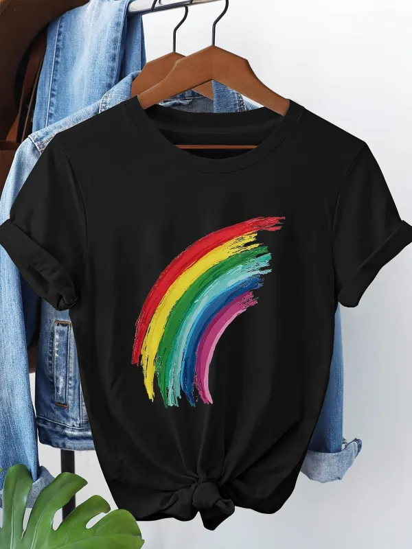 Tailorly Women's Printed Tee - Colorful Brushstroke Rainbow Arc Across Black Fabric Rainbow made by Tailorly