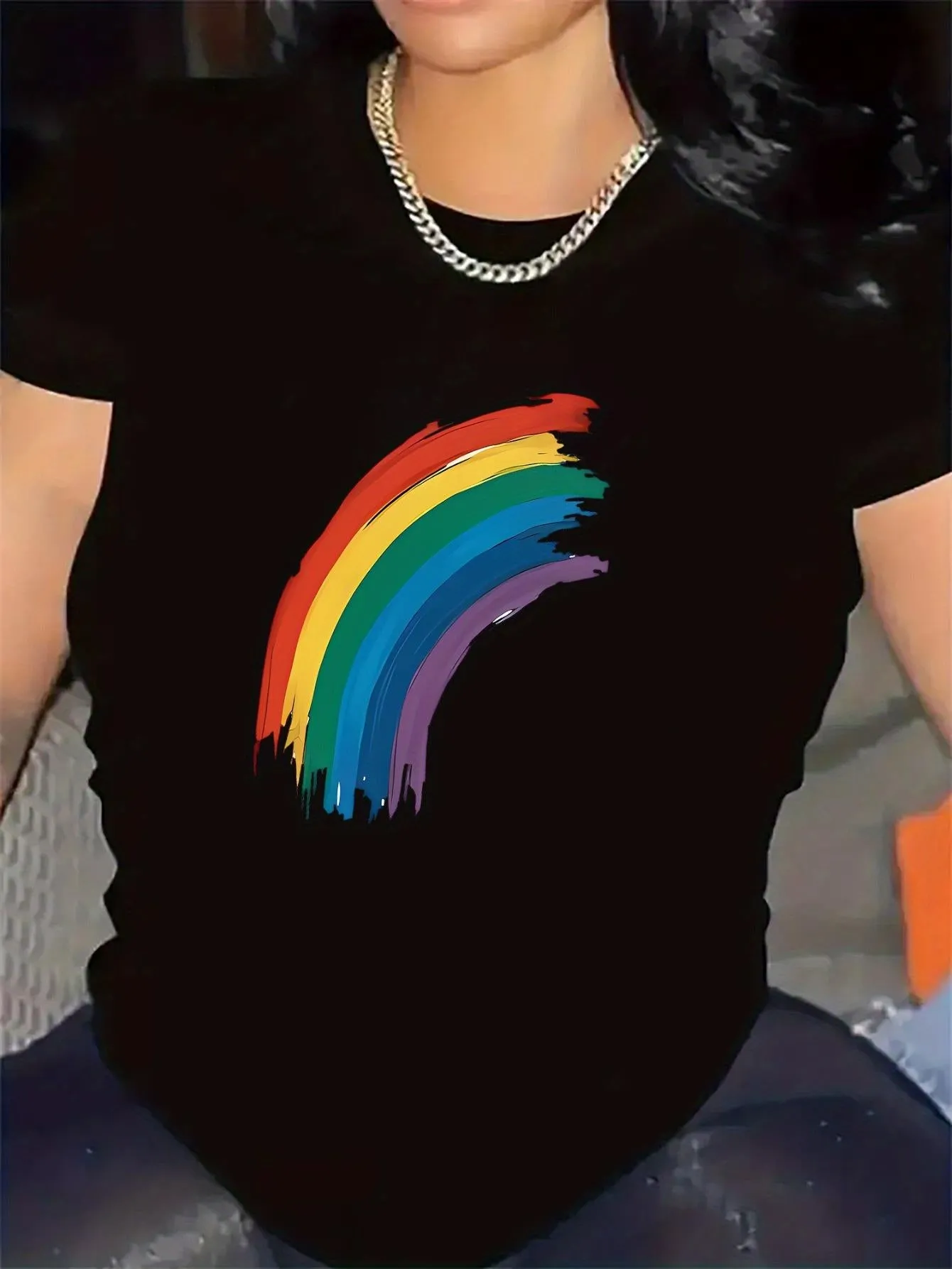 Tailorly Women's Printed Tee - Vivid Painted Rainbow Brush Strokes On Sleek Black Cotton T Shirt sold by Tailorly