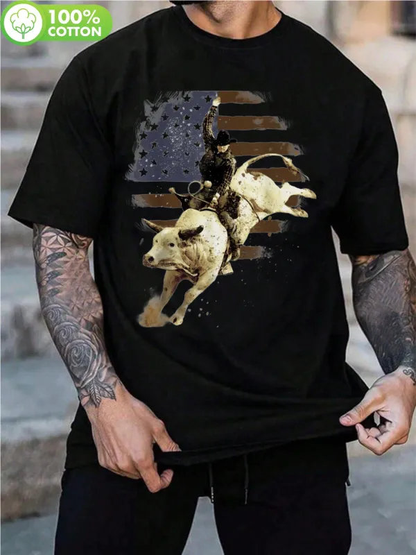 Tailorly Men's Printed Tee - Vintage Style American Flag Background With Dynamic Rodeo Bull Rider made by Tailorly