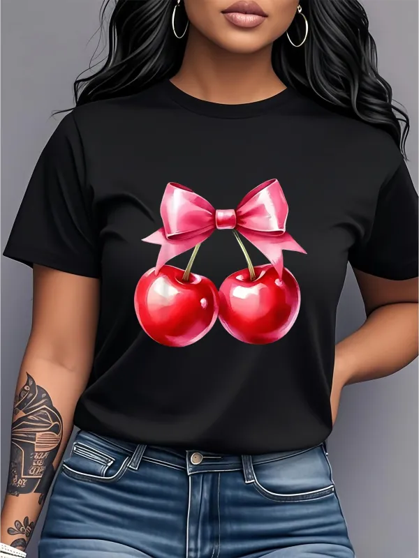 Tailorly Women's Printed Tee - Glossy Cherries With A Pink Ribbon Under Soft Lighting Cherry made by Tailorly